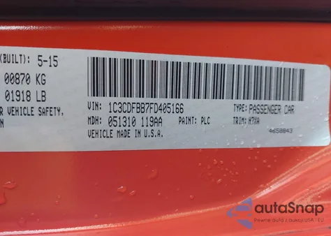 2015 Dodge Dart Sxt z USA, uszkodzony, nr VIN 1C3CDFBB7FD405166